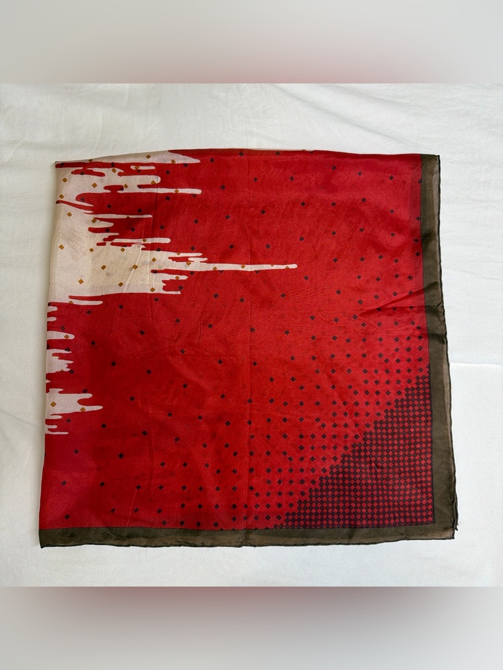 100% Silk Red Abstract Square Scarf
